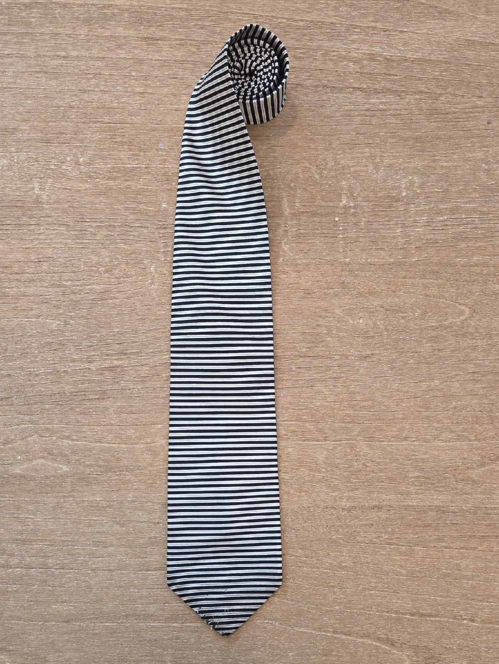 Classic Black and White Striped Tie — Sleek Men's Dress Accessory